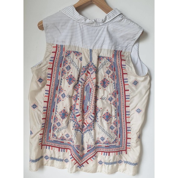 Johnny Was Tops - Johnny Was Embroidered Button Down Shirt Silk Aztec Stripe Sleeveless Embroidery